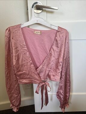 Altar'd State Pink Satin Heart Tie-Front Blouse